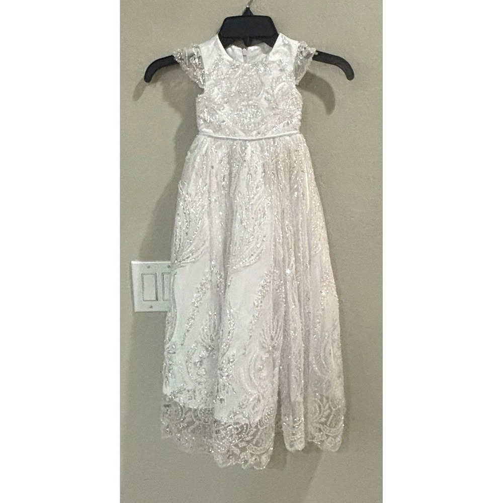 Heirloom Cathedral Christening Gown Set White Sequin Beaded Bonnet Veil 34" READ